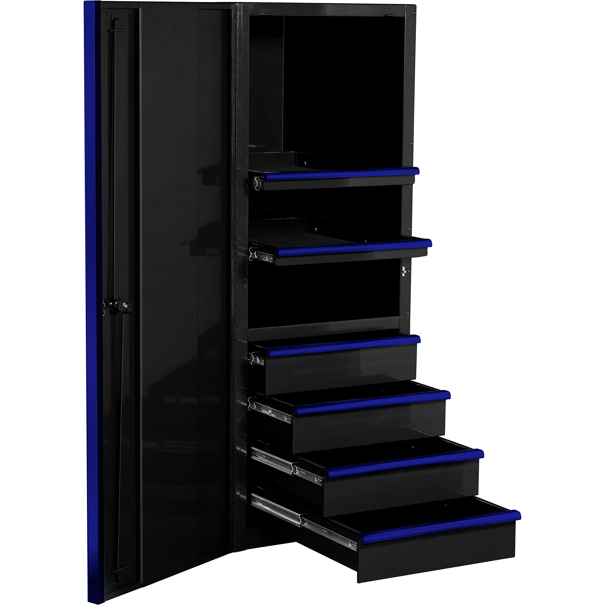 Extreme Tools EXQ Series EX2404SCQ 24" W x 30" D 4 Drawer and 3 Shelf Professional Side Cabinet - Black w Blue Handles - Model# EX2404SCQBKBL